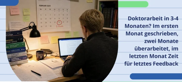 Doktorarbeit in 3 Monaten schreiben: Medizinstudent plant den letzten Monat vor der Abgabe mit Laptop, Fachbüchern und Kalender.