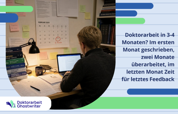 Doktorarbeit in 3 Monaten schreiben: Medizinstudent plant den letzten Monat vor der Abgabe mit Laptop, Fachbüchern und Kalender.