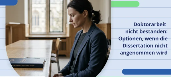 Titelbild zur Doktorarbeit nicht bestanden mit schematischer Darstellung von Dissertation, Disputation, Überarbeitung und möglichen Optionen für die Promotion.