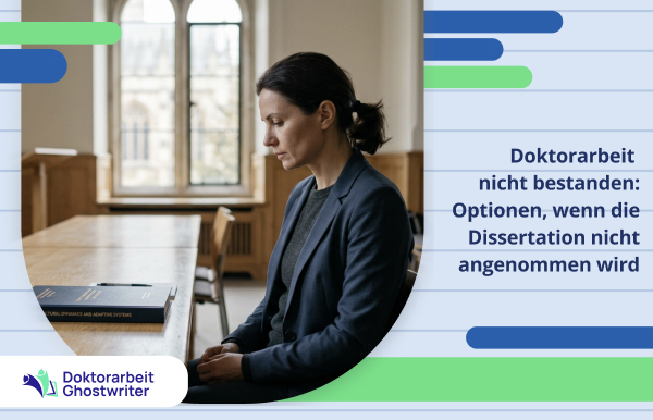 Titelbild zur Doktorarbeit nicht bestanden mit schematischer Darstellung von Dissertation, Disputation, Überarbeitung und möglichen Optionen für die Promotion.