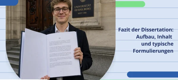 Titelbild zum Fazit der Dissertation mit den Elementen Aufbau, Inhalt, Formulierungen, Forschungsfrage, Ergebnis und Ausblick.
