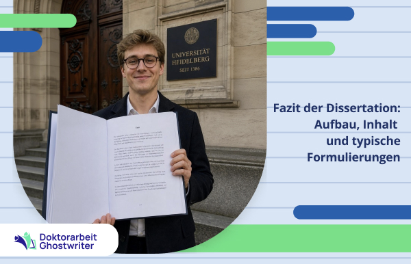 Titelbild zum Fazit der Dissertation mit den Elementen Aufbau, Inhalt, Formulierungen, Forschungsfrage, Ergebnis und Ausblick.