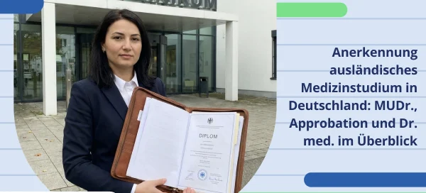 Ausländische Ärztin mit Dokumenten vor einer deutschen Klinik zur Anerkennung des Medizinstudiums in Deutschland
