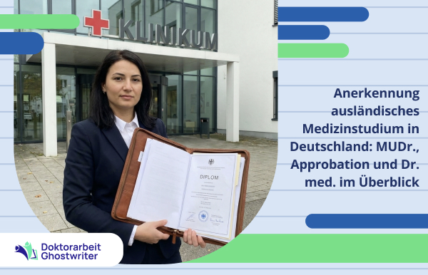 Ausländische Ärztin mit Dokumenten vor einer deutschen Klinik zur Anerkennung des Medizinstudiums in Deutschland