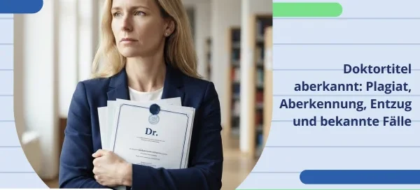 Frau im Blazer hält ein Diplom mit Doktortitel und Akten in den Händen. Symbolbild für den Artikel über Aberkennung und Entzug des Doktortitels bei Plagiat, mit bekannten Fällen aus Deutschland.