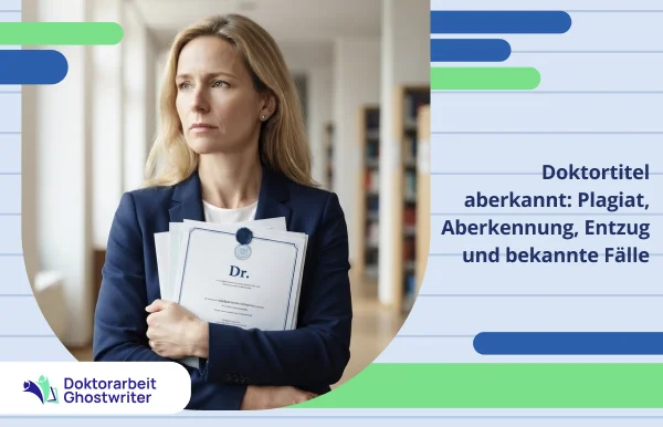 Frau im Blazer hält ein Diplom mit Doktortitel und Akten in den Händen. Symbolbild für den Artikel über Aberkennung und Entzug des Doktortitels bei Plagiat, mit bekannten Fällen aus Deutschland.