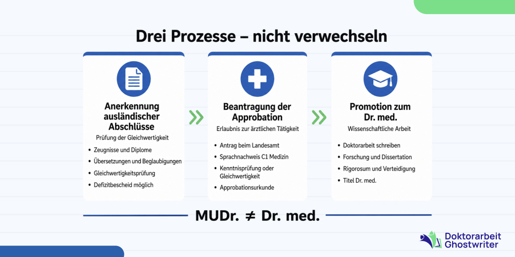 Infografik mit drei getrennten Prozessen: Anerkennung ausländischer Abschlüsse, Beantragung der Approbation und Promotion zum Dr. med.
