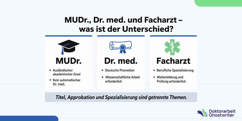 Vergleichsgrafik zu MUDr., Dr. med. und Facharzt mit den wichtigsten Unterschieden für ausländische Ärztinnen und Ärzte