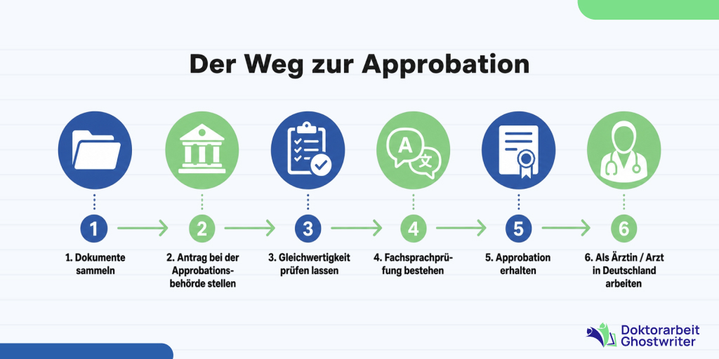 Schritt-für-Schritt-Infografik zum Weg ausländischer Ärztinnen und Ärzte zur Approbation in Deutschland